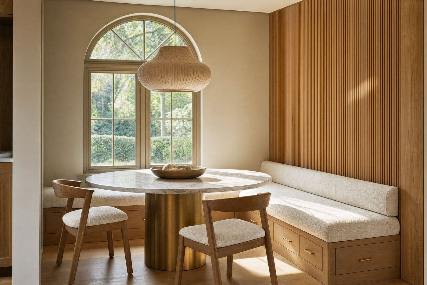 Built-in oak banquette with a round marble table, concept imagery