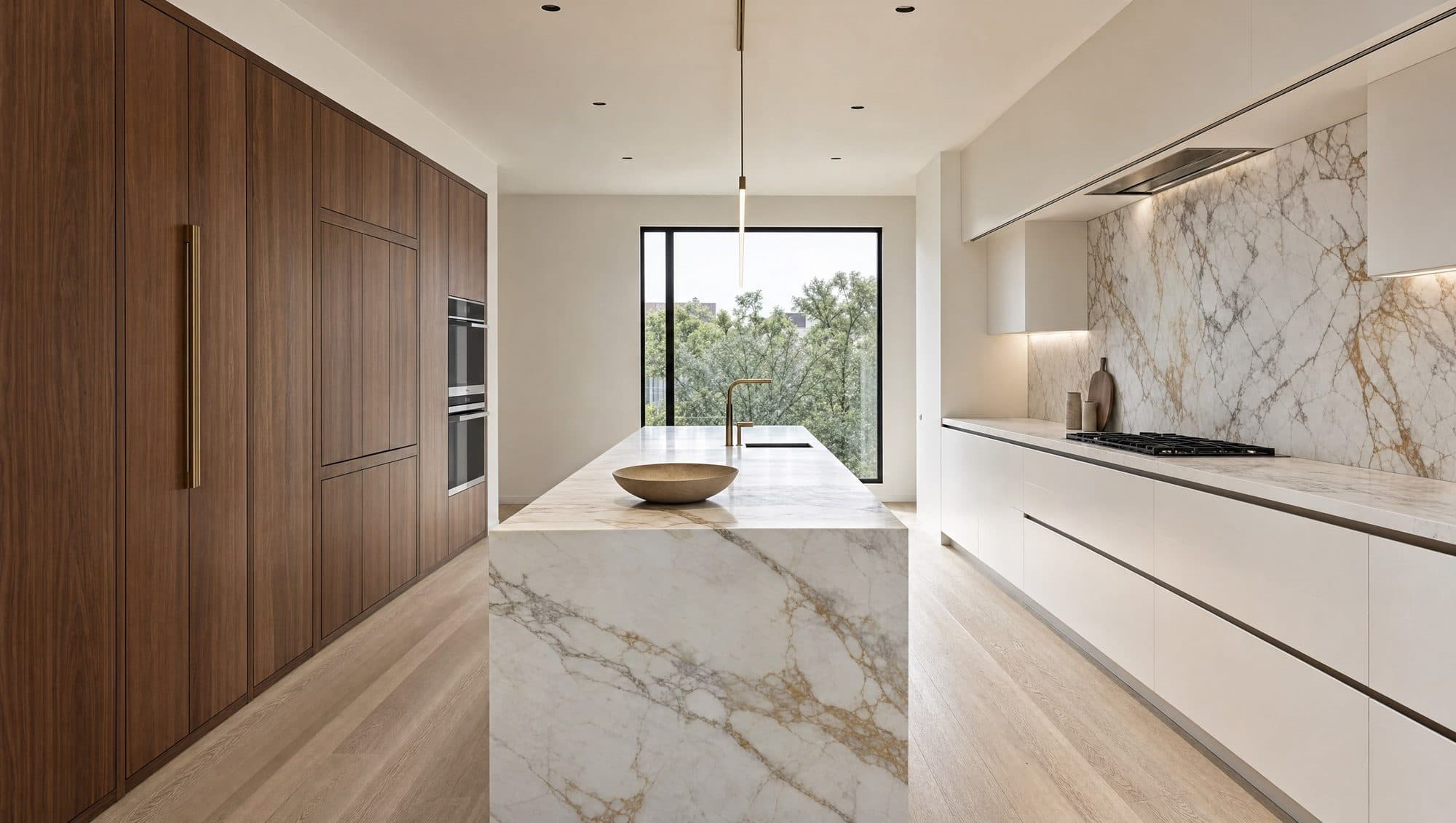 Calacatta waterfall island with bone white slab cabinetry, concept imagery