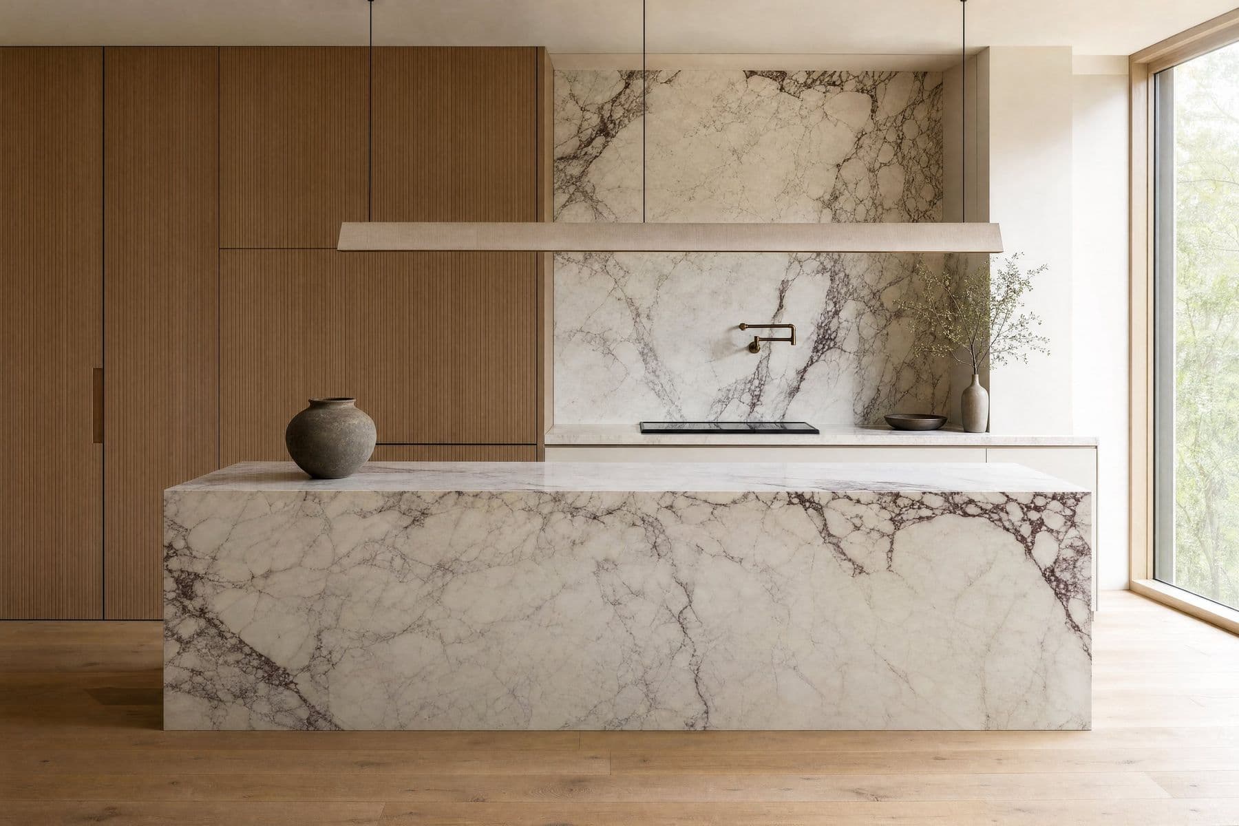 Kitchen with fluted oak tall units and a Calacatta Viola island, concept imagery