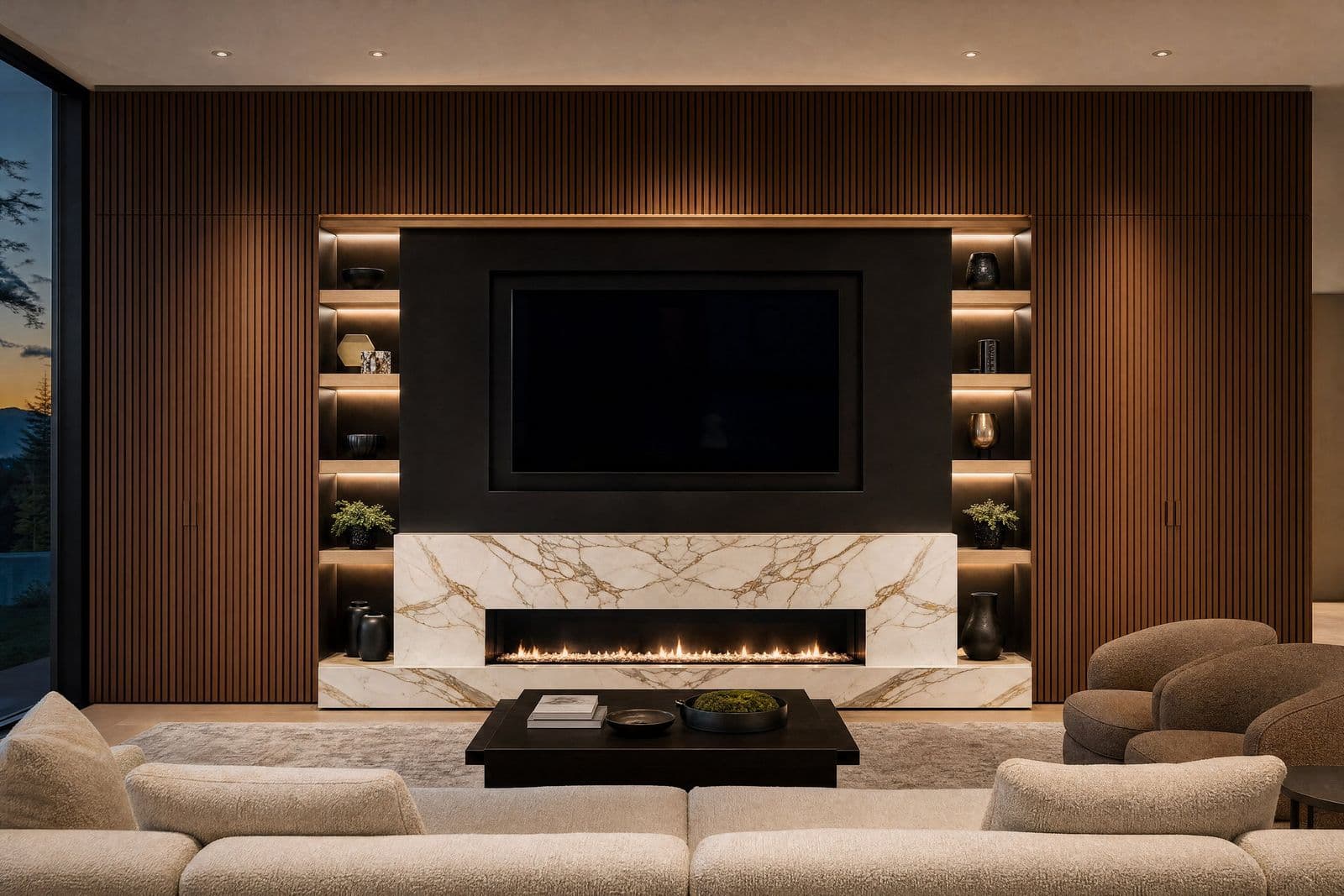 Walnut slat media wall with a Calacatta fireplace and lit oak shelves, concept imagery