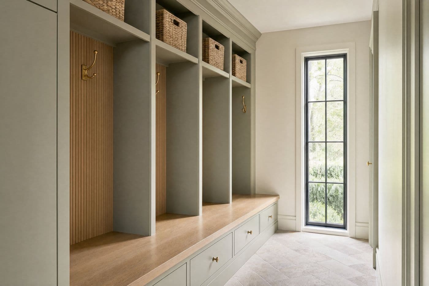 Mudroom lockers in sage grey with an oak bench, concept imagery