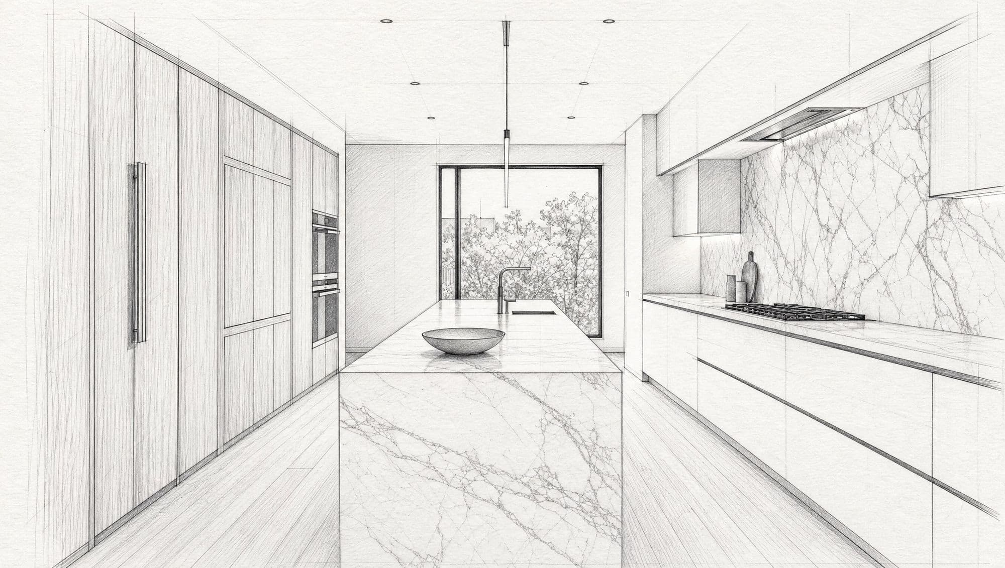 Pencil sketch of a kitchen before construction, concept imagery