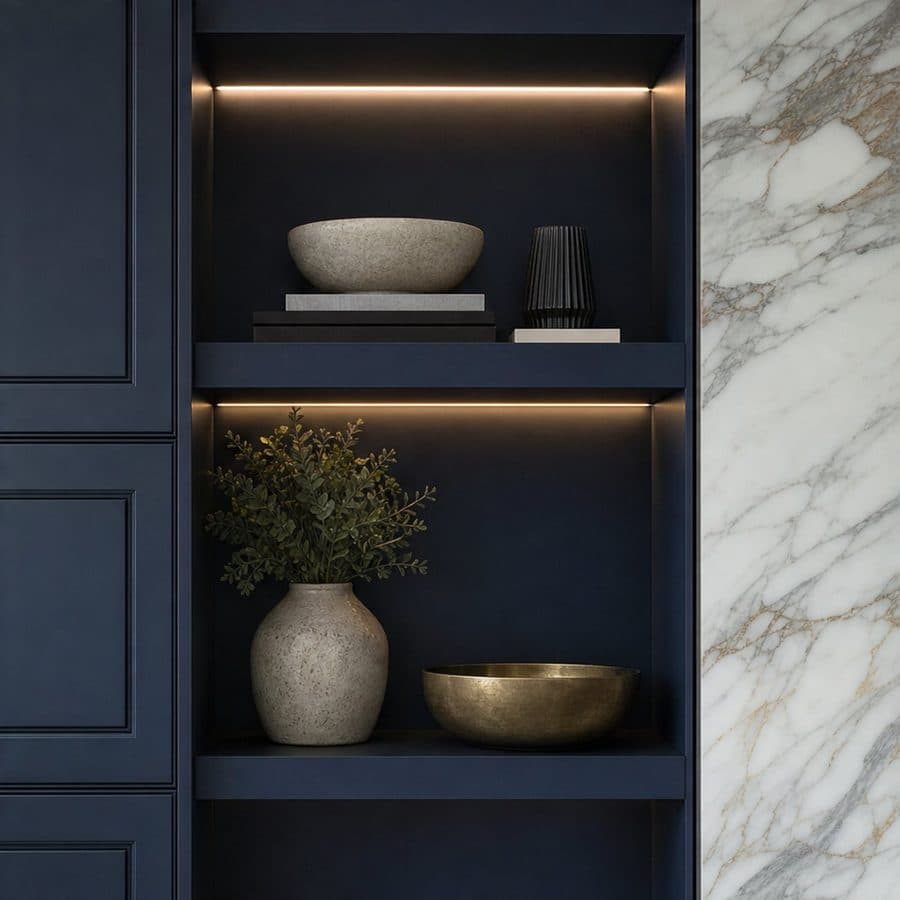 Navy shaker built-in shelving beside marble, concept imagery