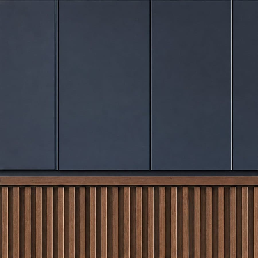 Ink navy slab doors over walnut fluting, concept imagery